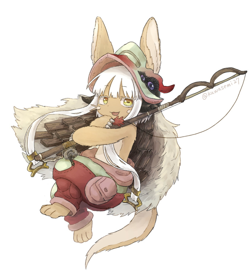 1other ambiguous_gender animal_ears artist_name blush eyebrows_visible_through_hair fishing_rod full_body highres holding holding_fishing_rod kawasemi27 long_hair looking_at_another made_in_abyss nanachi_(made_in_abyss) parted_lips plank smile twitter_username white_hair yellow_eyes