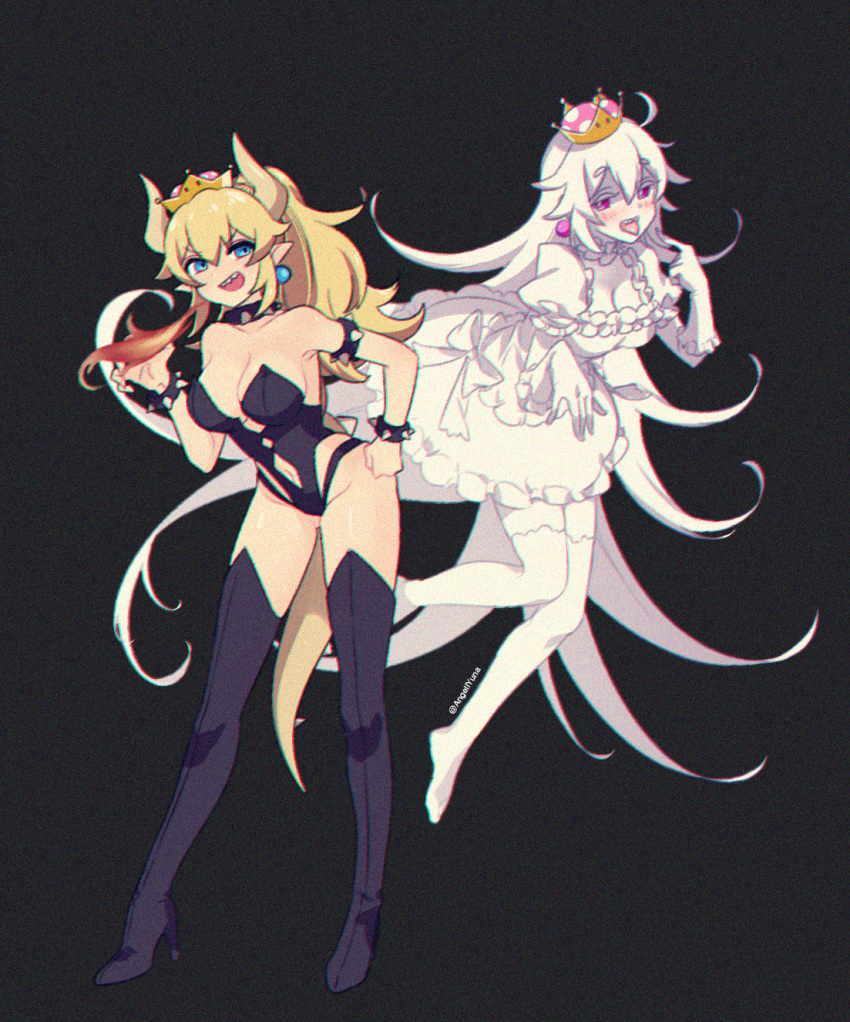 2girls absurdly_long_hair adapted_costume angellyuna ass_visible_through_thighs bangs bare_shoulders black_background black_footwear black_leotard blonde_hair blue_earrings blue_eyes blush boots bowsette bracelet breasts breathing_fire choker chromatic_aberration claw_pose cleavage clenched_hand collar dress elbow_gloves eyebrows_visible_through_hair finger_to_mouth fire floating frilled_choker frilled_dress frilled_gloves frilled_legwear frills full_body ghost_pose gloves hair_between_eyes half-closed_eyes hand_up high_heel_boots high_heels highleg highleg_leotard highres hips horns jewelry large_breasts leotard long_hair long_ponytail looking_at_viewer luigi's_mansion super_mario_bros. medium_breasts multiple_girls navel new_super_mario_bros._u_deluxe nintendo no_shoes pale_skin pink_earrings pink_eyes pointy_ears princess_king_boo puffy_short_sleeves puffy_sleeves revealing_cutout sharp_teeth shiny shiny_hair shiny_skin short_eyebrows short_sleeves sidelocks simple_background smile spiked_bracelet spiked_collar spikes standing strapless strapless_leotard super_crown teeth thigh-highs thigh_boots thighs toes tongue tongue_out twitter_username very_long_hair white_choker white_gloves white_hair white_legwear white_skin wide_ponytail