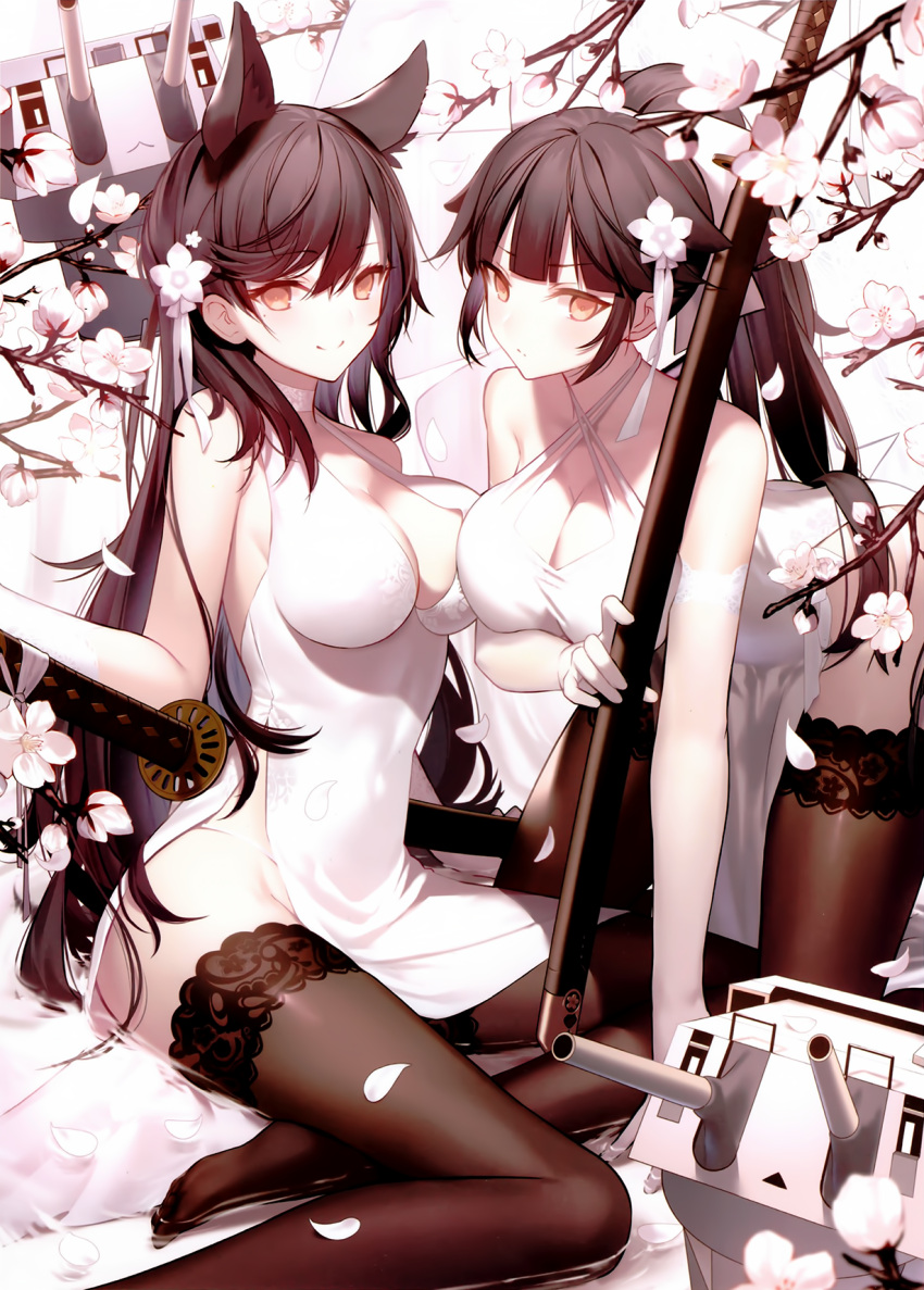 2girls all_fours alternate_costume animal_ears atago_(azur_lane) azur_lane bangs black_hair black_legwear blush bow breasts brown_eyes cleavage closed_mouth criss-cross_halter cropped dress elbow_gloves extra_ears eyebrows_visible_through_hair flower gloves hair_bow hair_flaps hair_flower hair_ornament hair_ribbon halter_dress halterneck highres holding holding_sword holding_weapon katana lace lace-trimmed_gloves lace-trimmed_legwear large_breasts leaning_forward long_hair looking_at_viewer mole mole_under_eye multiple_girls official_art ponytail ribbon scan sheath sheathed shinooji side_slit sidelocks smile swept_bangs sword takao_(azur_lane) tareme taut_clothes taut_dress thigh-highs tsurime very_long_hair weapon white_bow white_dress white_gloves white_ribbon