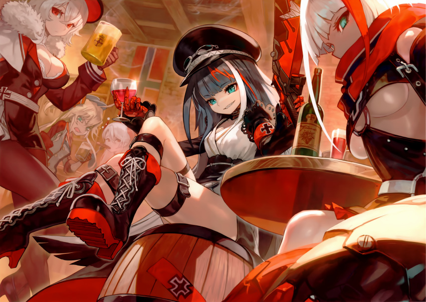 5girls admiral_graf_spee_(azur_lane) admiral_hipper_(azur_lane) azur_lane barrel beer_mug black_gloves black_hair blue_eyes boots breasts cropped cross-laced_footwear cup deutschland_(azur_lane) drinking_glass drunk dutch_angle fur_trim gauntlets gloves graf_zeppelin_(kantai_collection) green_eyes grin gunblade hat headgear highres indoors lack legs_crossed looking_at_viewer medium_breasts military_hat mouth_hold multicolored_hair multiple_girls official_art pantyhose prinz_eugen_(azur_lane) red_eyes redhead scan sharp_teeth sitting smile streaked_hair table teeth thigh_strap tsurime two_side_up under_boob weapon white_hair wine_glass