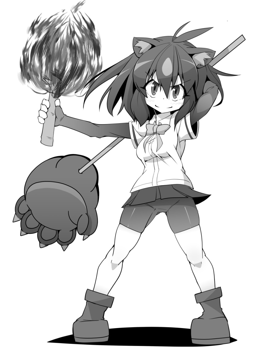 &gt;:) 1girl animal_ears antenna_hair arm_behind_head arm_up bare_legs bear_ears bear_girl bear_paw_hammer bike_shorts bow bowtie brown_bear_(kemono_friends) chibi closed_mouth collared_shirt eyebrows_visible_through_hair fire floating_hair full_body gluteal_fold greyscale hair_between_eyes hand_up highres holding holding_torch holding_weapon impossible_clothes impossible_shirt kemono_friends long_sleeves looking_at_viewer medium_hair microskirt monochrome moyachii outstretched_arm shirt shoes short_over_long_sleeves short_sleeves shorts shorts_under_skirt simple_background skindentation skirt smile solo standing torch v-shaped_eyebrows weapon wing_collar