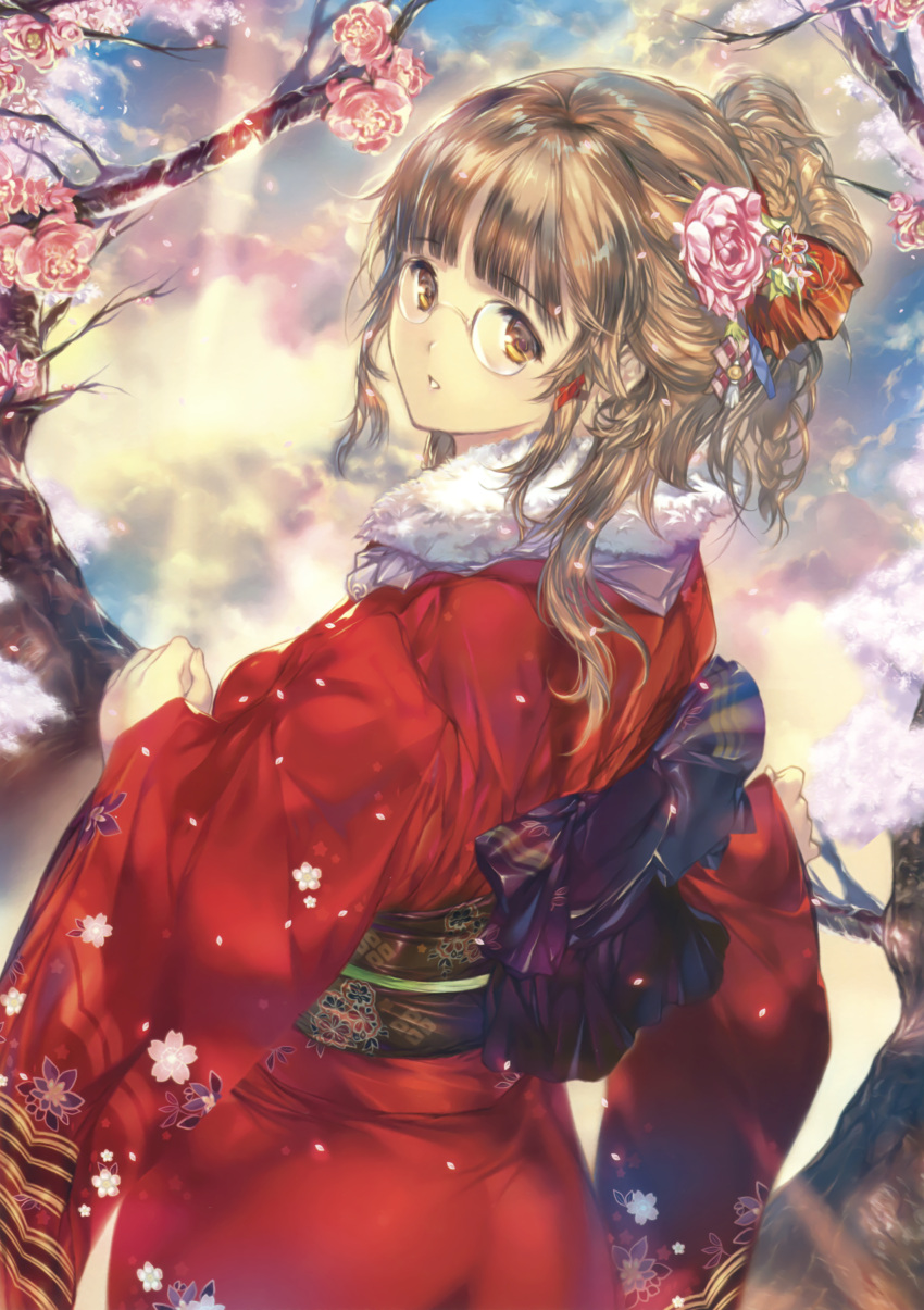 1girl absurdres brown_eyes brown_hair fur_trim glasses hair_ornament highres japanese_clothes kimono looking_at_viewer min-naraken obi original parted_lips sash scan shiny shiny_hair solo wide_sleeves