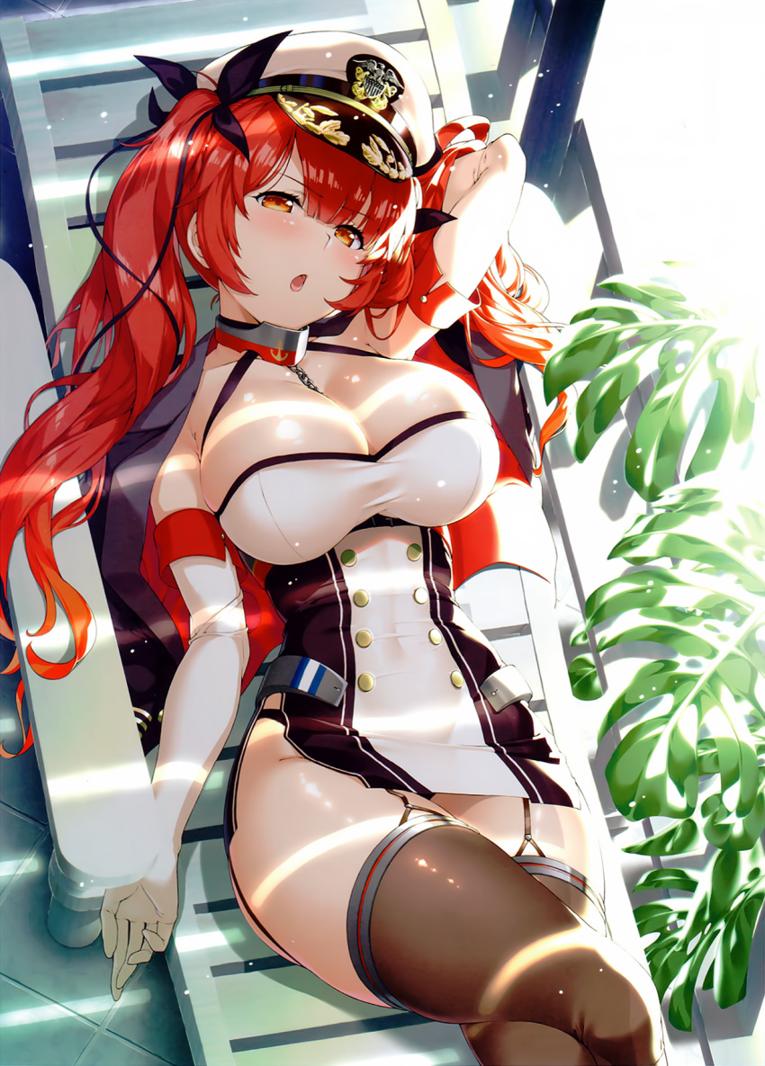 1girl arm_up azur_lane between_breasts black_panties blush breasts brown_legwear bursting_breasts cleavage cropped dress elbow_gloves eyebrows_visible_through_hair garter_straps gloves hair_ribbon hat highres honolulu_(azur_lane) hyouju_issei jacket_on_shoulders large_breasts long_hair lying official_art on_back open_mouth panties red_eyes redhead ribbon scan short_dress side_slit solo thigh-highs twintails underwear white_gloves