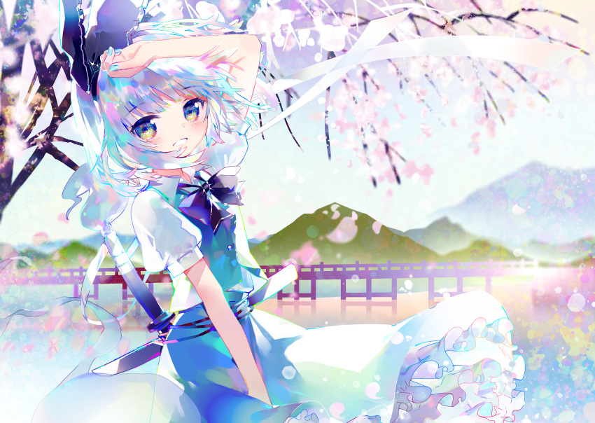 1girl bangs cherry_blossoms highres hinasumire konpaku_youmu looking_at_viewer smile solo touhou