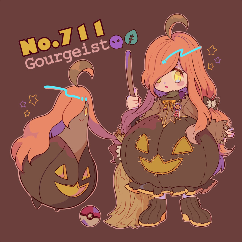 1girl badge blush bow broom brown_background brown_bow character_name creatures_(company) full_body game_freak gen_6_pokemon ghost gourd gourgeist hair_bow hair_over_one_eye highres holding holding_broom jack-o'-lantern leaf long_hair long_sleeves mameeekueya moemon nintendo open_mouth orange_bow orange_hair personification poke_ball pokemon pokemon_(creature) pokemon_number ribbon shoes simple_background smile standing star very_long_hair wide_sleeves yellow_eyes