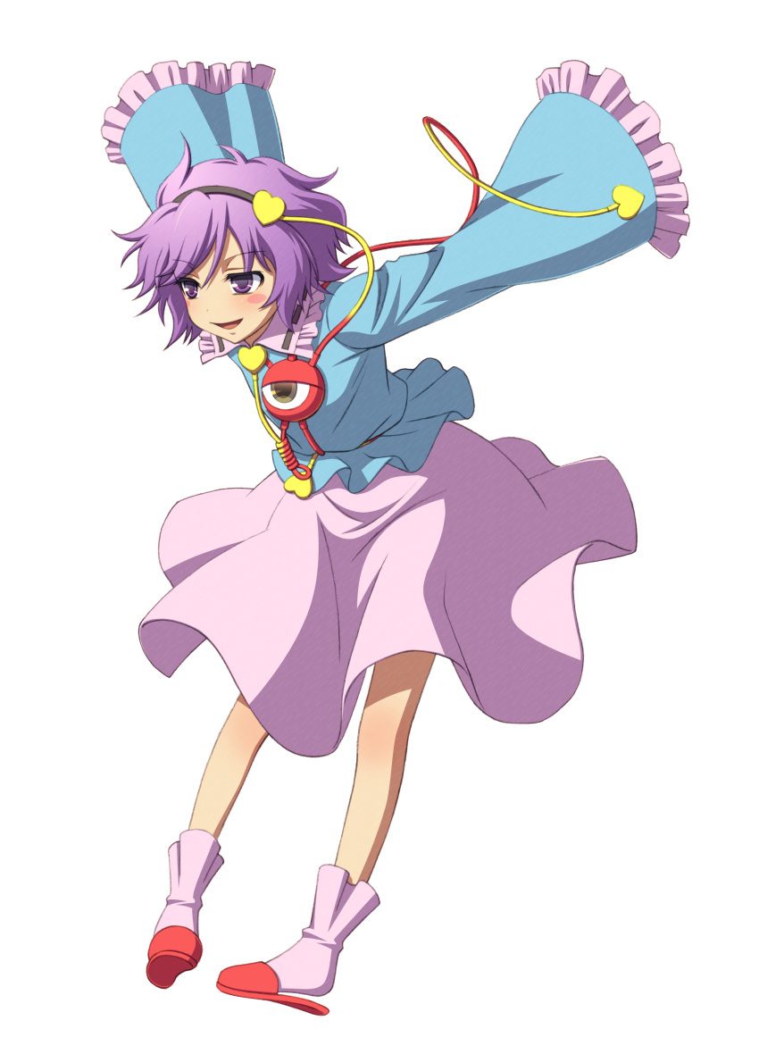 1girl absurdres arms_up blush_stickers eyeball full_body hairband highres komeiji_satori long_sleeves official_art purple_hair red_footwear short_hair simple_background sleeves_past_wrists slippers solo third_eye touhou violet_eyes white_background