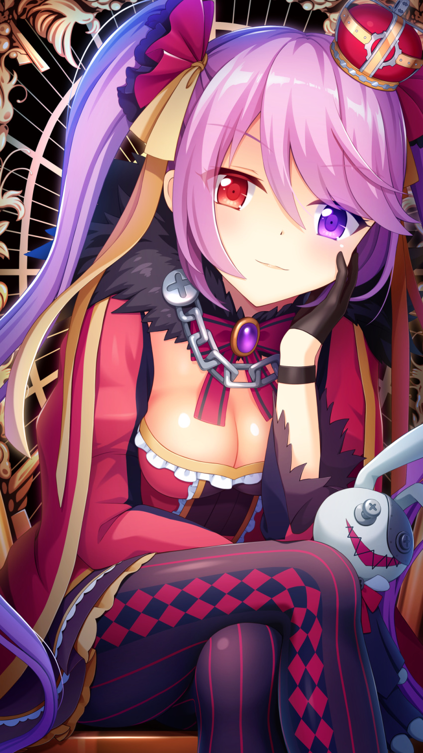 1girl bangs black_gloves breasts chains checkered checkered_legwear chin_rest cleavage commentary_request crown doll dress eyebrows_visible_through_hair fur_collar gloves hair_between_eyes hair_ribbon hand_on_own_cheek heterochromia highres iron_saga iwamoto_sora legs_crossed looking_at_viewer medium_breasts purple_hair red_dress red_eyes ribbon shiny shiny_hair sidelocks sitting slokai_(iron_saga) solo swept_bangs twintails violet_eyes