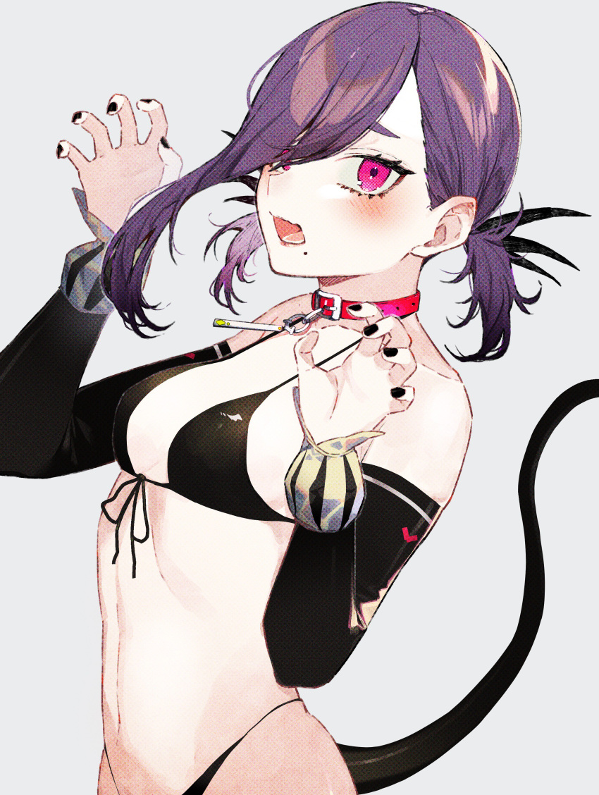 1girl absurdres bangs bare_shoulders belt_collar bikini black_bikini black_nails black_sleeves blush breasts claw_pose collar collarbone commentary_request copyright_request detached_sleeves front-tie_bikini front-tie_top grey_background hair_over_one_eye hands_up highres kayahara long_sleeves looking_at_viewer low_twintails medium_hair mole mole_under_mouth nail_polish navel open_mouth pink_eyes purple_hair red_collar short_twintails simple_background small_breasts solo swept_bangs swimsuit tail twintails upper_body