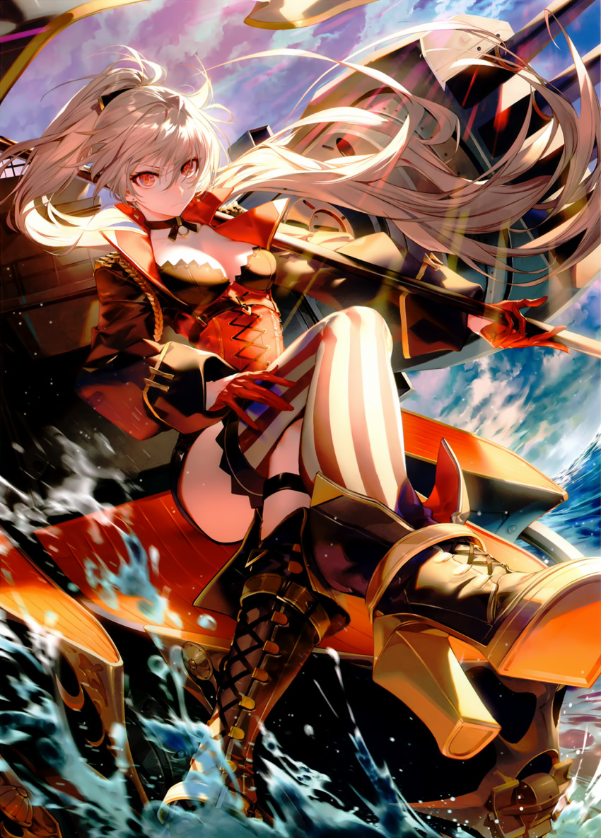 1girl azur_lane backlighting blurry blurry_foreground boots breasts choker cleavage cropped cropped_jacket cross-laced_footwear depth_of_field earrings fisheye foreshortening gloves hair_between_eyes half_gloves high_heel_boots high_heels high_ponytail highres jean_bart_(azur_lane) jewelry kodama_(wa-ka-me) legs_crossed long_hair long_sleeves medium_breasts mismatched_footwear official_art outdoors polearm red_eyes red_gloves rigging scan single_thighhigh sitting solo striped striped_legwear thigh-highs vertical-striped_legwear vertical_stripes very_long_hair weapon