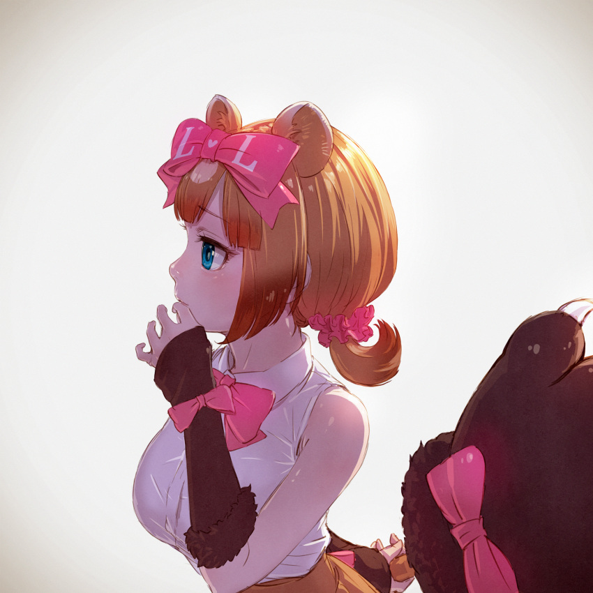 1girl animal_ears arm_behind_back backlighting bear_ears bear_paw_hammer blue_eyes bow bowtie brown_hair from_side gloves hair_bow hair_ornament hair_scrunchie highres kemono_friends kodiak_bear_(kemono_friends) pink_bow pink_scrunchie profile realistic scrunchie shirt short_hair sleeveless sleeveless_shirt solo takami_masahiro upper_body white_shirt