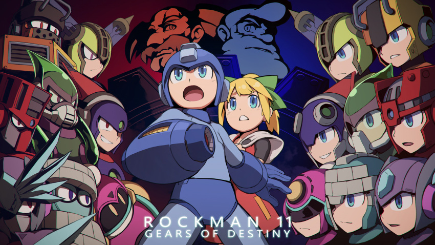 1girl 6+boys acid_man albert_w_wily android arm_cannon bangs beard blast_man block_man blonde_hair blue_eyes bow capcom commentary_request copyright_name facial_hair fuse_man green_bow grin hair_bow helmet highres long_hair multiple_boys multiple_persona mustache open_mouth pile_man ponytail red_eyes robot rockman rockman_(character) rockman_(classic) rockman_11 roll rotix rubber_man serious sidelocks smile thomas_light torch_man tundra_man violet_eyes weapon yellow_eyes