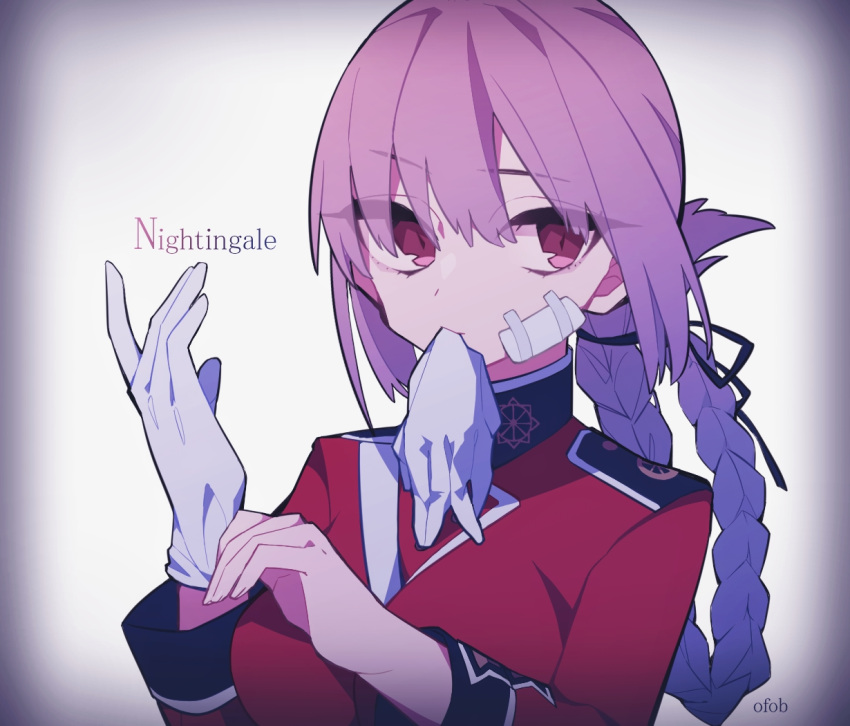 1girl bandage_on_face braid character_name fate/grand_order fate_(series) florence_nightingale_(fate/grand_order) gloves looking_to_the_side mouth_hold pink_hair red_eyes white_gloves