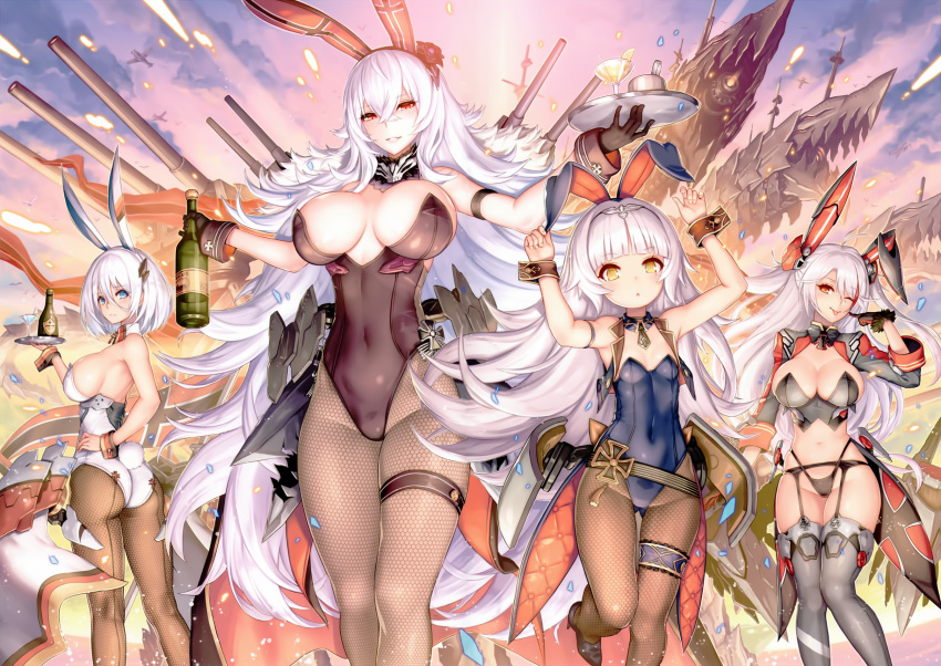 2d 4girls ;p adapted_costume animal_ears armpits arms_up azur_lane black_gloves black_panties blue_eyes bob_cut breasts bunny_girl bunny_tail bunnysuit bursting_breasts cleavage cocktail_glass covered_navel cropped cropped_vest cup detached_collar drinking_glass fake_animal_ears fishnet_pantyhose fishnets flipped_hair garter_belt gloves graf_zeppelin_(azur_lane) grey_legwear hair_between_eyes hand_on_hip high_heels highleg highleg_panties highres huge_breasts knees_together_feet_apart large_breasts leotard long_hair mini_necktie mole mole_under_eye multicolored_hair multiple_girls navel official_art one_eye_closed outdoors outstretched_arms panties pantyhose prinz_eugen_(azur_lane) rabbit_ears red_eyes redhead scan short_hair sky small_breasts standing standing_on_one_leg streaked_hair tail thigh-highs thigh_strap tirpitz_(azur_lane) tongue tongue_out tray triangle_mouth underwear very_long_hair white_hair wrist_cuffs yellow_eyes z46_(azur_lane)