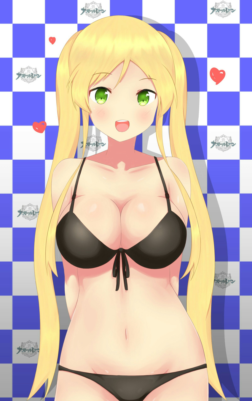 1girl :d absurdres arms_behind_back azur_lane bangs bare_shoulders bikini black_bikini blonde_hair blue_background blush breasts checkered checkered_background cleavage collarbone copyright_name cowboy_shot eyebrows_visible_through_hair front-tie_bikini front-tie_top green_eyes groin heart highres hornet_(azur_lane) large_breasts logo long_hair looking_at_viewer navel open_mouth parted_bangs sidelocks smile solo swimsuit teeth twintails white_background yuujoduelist