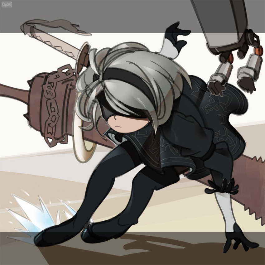 1girl android black_blindfold black_dress black_hairband black_legwear blindfold boots commentary covered_eyes dress gloves hairband highres nier_(series) nier_automata pod_(nier_automata) short_hair solo sword thigh-highs thigh_boots weapon yorha_no._2_type_b