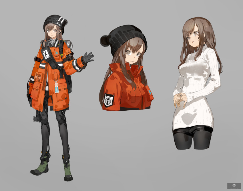 1girl backpack bag bangs black_gloves black_legwear bobblehat breasts brown_eyes brown_hair closed_mouth cropped_legs cropped_torso full_body gas_mask gloves grey_background highres jacket long_hair looking_at_viewer medium_breasts multiple_views neco orange_jacket original pantyhose pantyhose_under_shorts parted_lips ribbed_sweater shorts solo standing sweater turtleneck turtleneck_sweater