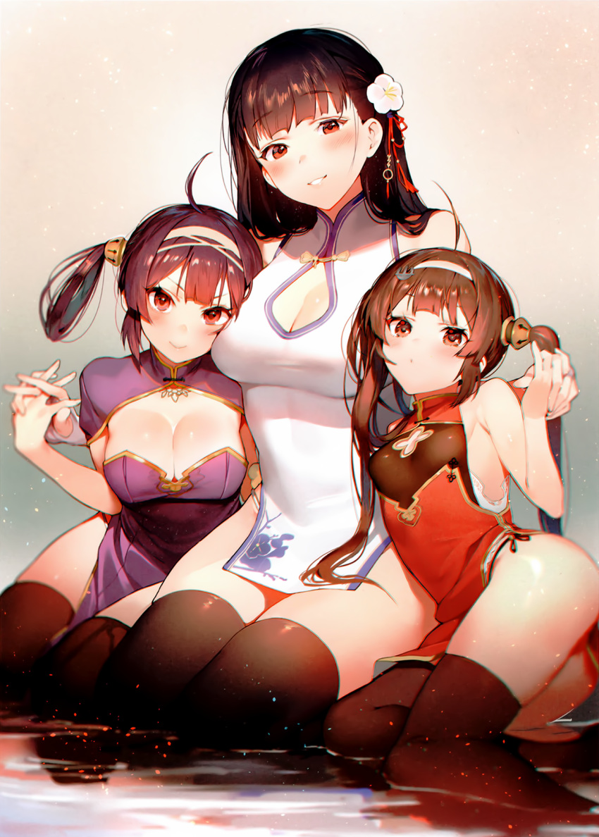 3girls ahoge azur_lane black_hair black_legwear blurry blush breasts brown_hair china_dress chinese_clothes chromatic_aberration_abuse cleavage_cutout cropped depth_of_field dress eyebrows_visible_through_hair flower hair_flower hair_ornament hair_rings hairband hand_holding head_tilt height_difference highres interlocked_fingers jaga_yamatarawo large_breasts long_hair looking_at_viewer multiple_girls ning_hai_(azur_lane) official_art parted_lips partially_submerged pelvic_curtain ping_hai_(azur_lane) purple_dress purple_hair red_dress red_eyes scan seiza short_dress side_slit sitting small_breasts smile string_panties thigh-highs twintails white_dress yat_sen_(azur_lane) yokozuwari
