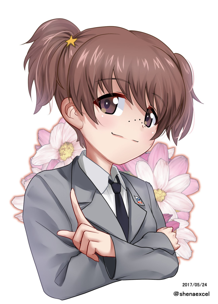 1girl alisa_(girls_und_panzer) bangs blazer brown_eyes brown_hair closed_mouth commentary cropped_torso crossed_arms dated dress_shirt emblem excel_(shena) eyebrows_visible_through_hair floral_background freckles girls_und_panzer grey_jacket hair_ornament highres jacket long_sleeves looking_at_viewer necktie pointing pointing_up saunders_(emblem) saunders_school_uniform school_uniform shirt short_hair short_twintails smile smug solo star star_hair_ornament twintails twitter_username upper_body white_background white_shirt