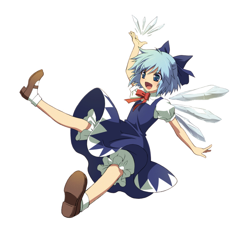 1girl absurdres arm_up bloomers blue_dress blue_eyes blue_hair bow brown_footwear cirno dress full_body hair_bow highres ice ice_wings official_art open_mouth puffy_sleeves short_hair short_sleeves simple_background solo touhou underwear white_background wings
