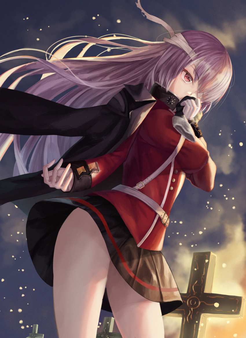 1girl absurdres bandage_over_one_eye belt belt_buckle black_skirt breasts buckle commentary_request cowboy_shot cross eyepatch fate/grand_order fate_(series) floating_hair florence_nightingale_(fate/grand_order) from_below fur-trimmed_gloves fur_trim gloves highres holding_gloves jacket_on_shoulders light long_hair long_sleeves medium_breasts military military_uniform miniskirt nekobell one_eye_covered outdoors pink_hair red_eyes skirt sky solo straight_hair thighs tombstone uniform very_long_hair white_gloves wind