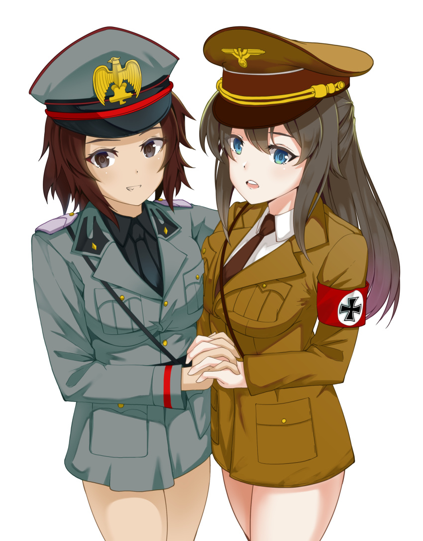 2girls absurdres adolf_hitler armband bangs benito_mussolini black_hair blue_eyes breast_press breasts brown_eyes brown_hair cowboy_shot eyes_visible_through_hair fringe genderswap genderswap_(mtf) germany hand_holding hat highres iron_cross italy long_hair looking_at_viewer medium_breasts military military_hat military_uniform multiple_girls nazi necktie no_pants open_mouth parted_lips real_life short_hair smile source_request standing symmetrical_docking uniform world_war_ii