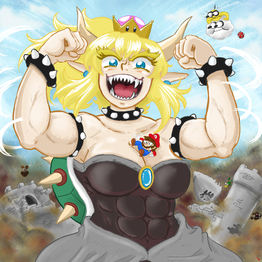 1girl 2boys :| abs absurdres aqua_eyes bangs bare_shoulders between_breasts blonde_hair blue_sky blush bowsette bracelet breasts broken_eyewear brooch brown_hair cabbie_hat castle cleavage clenched_hands closed_mouth clouds collar commentary day destruction english_commentary excited facial_hair floating_hair flying_sweatdrops giantess gloves goomba hair_between_eyes hands_up hat highres horns jewelry koopa_troopa long_ponytail long_sleeves looking_at_viewer mario super_mario_bros. medium_breasts motion_lines multiple_boys muscle muscular_female mustache new_super_mario_bros._u_deluxe nintendo open_mouth overalls pointy_ears red_hat red_shirt reflective_eyes sharp_teeth shiny shiny_hair shiny_skin shirt sidelocks sky slit_pupils solo_focus spiked_bracelet spiked_collar spiked_shell spikes super_crown t1g teeth thick_eyebrows tongue upper_body waist_cape white_gloves wind