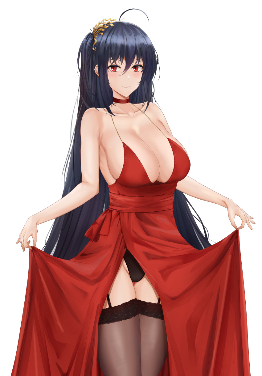 1girl absurdres antenna_hair armpit_peek azur_lane bangs bare_arms bare_shoulders black_hair black_legwear black_panties blush breasts choker cleavage closed_mouth cocktail_dress collarbone cowboy_shot dress dress_lift garter_straps groin hair_between_eyes hair_ornament hairclip highres large_breasts lifted_by_self long_hair looking_at_viewer one_side_up panties red_choker red_dress red_eyes sideboob sidelocks smile solo taihou_(azur_lane) thigh-highs transparent_background underwear user_msak5472 very_long_hair