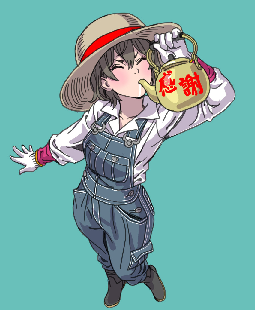 1girl absurdres arm_up bangs black_footwear boots brown_hair brown_hat closed_eyes collared_shirt commentary_request drinking facing_viewer full_body gloves green_background hat highres holding long_sleeves original overalls shirt short_hair simple_background solo standing straw_hat tea_kettle translated v-shaped_eyebrows white_gloves white_shirt yamashita_shun'ya