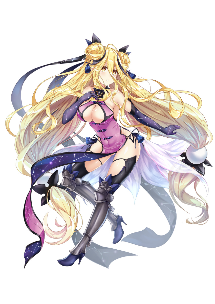 1girl absurdres bangs bare_shoulders blonde_hair blush breasts cleavage commentary_request date_a_live dress elbow_gloves eyebrows_visible_through_hair full_body gloves hair_ornament high_heels highres hoshimiya_mukuro large_breasts long_hair looking_away parted_lips pelvic_curtain shiny shiny_hair shiny_skin simple_background sleeveless solo tsubasaki very_long_hair white_background