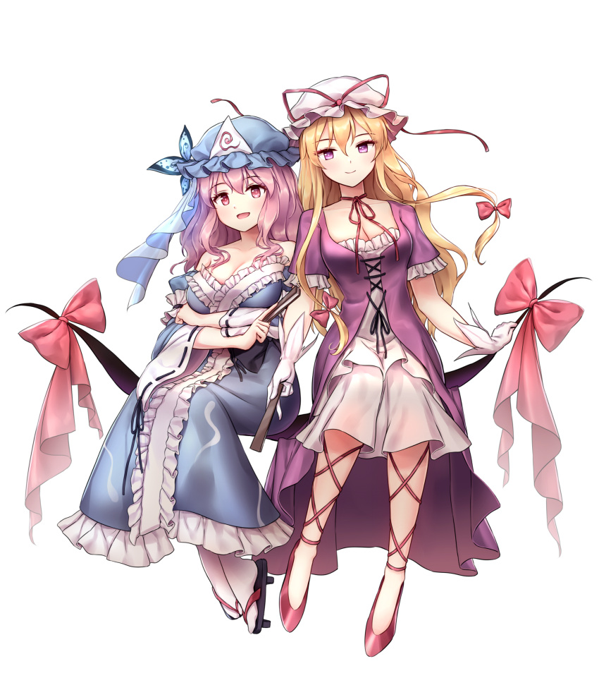 2girls :d absurdres arm_garter arms_under_breasts bangs bare_shoulders black_footwear blonde_hair blue_dress blue_hat blush bow breasts bug butterfly center_frills choker cleavage collarbone cross-laced_footwear dress eyebrows_visible_through_hair fan folding_fan gap geta gloves hair_between_eyes hat hat_ribbon highres holding holding_fan insect large_breasts long_hair long_sleeves looking_at_viewer medium_breasts minust mob_cap multiple_girls off-shoulder_dress off_shoulder open_mouth petticoat pink_eyes pink_hair purple_dress red_bow red_choker red_footwear red_ribbon ribbon ribbon-trimmed_sleeves ribbon_choker ribbon_trim saigyouji_yuyuko shoes short_sleeves simple_background sitting smile socks touhou triangular_headpiece veil violet_eyes white_background white_dress white_gloves white_hat white_legwear wide_sleeves yakumo_yukari