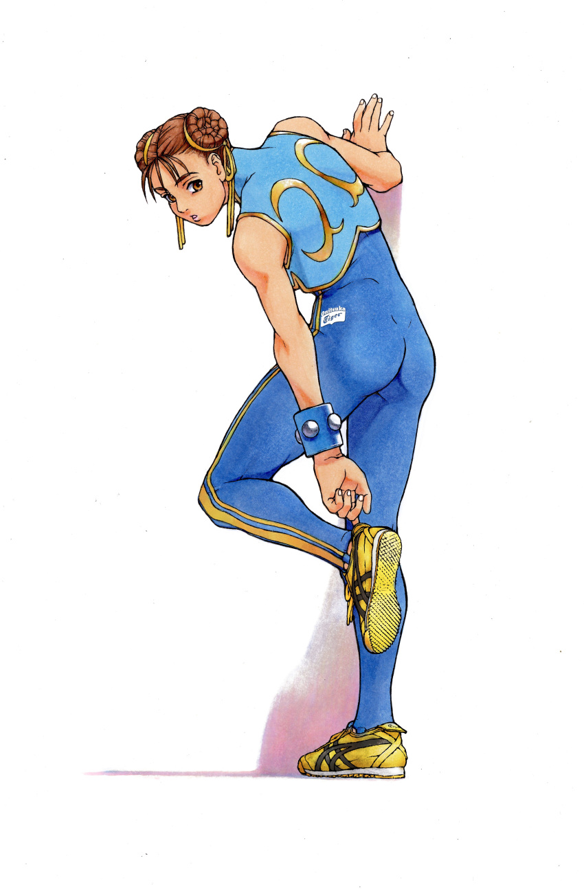 1girl absurdres arm_support ass bengus blue_bodysuit bodysuit bracelet brown_eyes brown_hair capcom chun-li double_bun double_vertical_stripe full_body highres jewelry leg_up looking_back official_art shoes short_hair simple_background sleeveless sneakers solo standing street_fighter street_fighter_zero_(series) traditional_media watercolor_(medium) white_background yellow_footwear