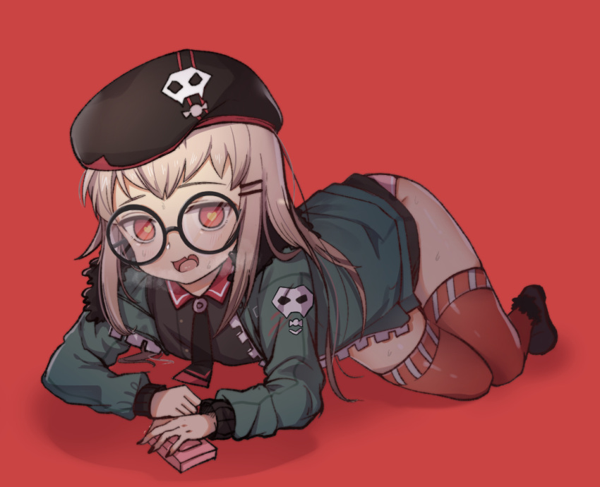 1girl bangs beret echu fang girls_frontline glasses green_jacket hair_ornament hairclip hat jacket light_brown_hair long_hair open_clothes open_jacket red_eyes solo type_80_(girls_frontline)