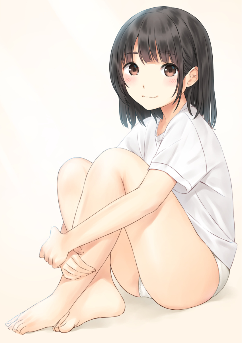 1girl ass bangs bare_legs barefoot bashosho beige_background blush brown_eyes brown_hair closed_mouth commentary_request eyebrows_visible_through_hair fingernails highres leg_hug long_hair looking_at_viewer original panties shirt short_sleeves simple_background sitting smile solo thighs toenails underwear white_panties white_shirt