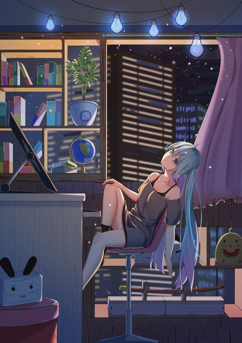 1girl bare_shoulders black_legwear blue_eyes blue_hair book building chair globe gradient_hair grey_shirt hatsune_miku highres holding holding_stylus indoors katana keyboard_(computer) knee_up leaning_back light_bulb long_hair mobu_(wddtfy61) monitor multicolored_hair night night_sky no_shoes off-shoulder_shirt office_chair open_window pink_hair plant potted_plant purple_hair ribbed_legwear sheath sheathed shirt short_sleeves sitting sky skyscraper socks solo star_(sky) starry_sky stylus sword twintails very_long_hair vocaloid weapon window