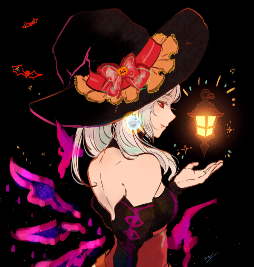 1girl black_background bow female_my_unit_(fire_emblem:_kakusei) fire_emblem fire_emblem:_kakusei fire_emblem_heroes from_side gimurei halloween_costume hat hat_bow highres lantern looking_to_the_side my_unit_(fire_emblem:_kakusei) nintendo parted_lips red_bow red_eyes sasaki_(dkenpisss) signature simple_background solo white_hair witch_hat