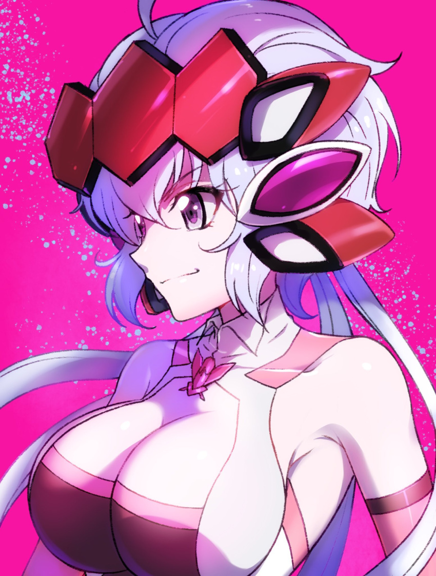 1girl ahoge bangs bodysuit breasts cleavage cleavage_cutout commentary_request elbow_gloves gloves headgear highres large_breasts lavender_hair looking_to_the_side low_twintails pink_background senki_zesshou_symphogear smirk solo symphogear_pendant tatsuki_(pizza_no_tempra) traditional_media twintails upper_body violet_eyes yukine_chris