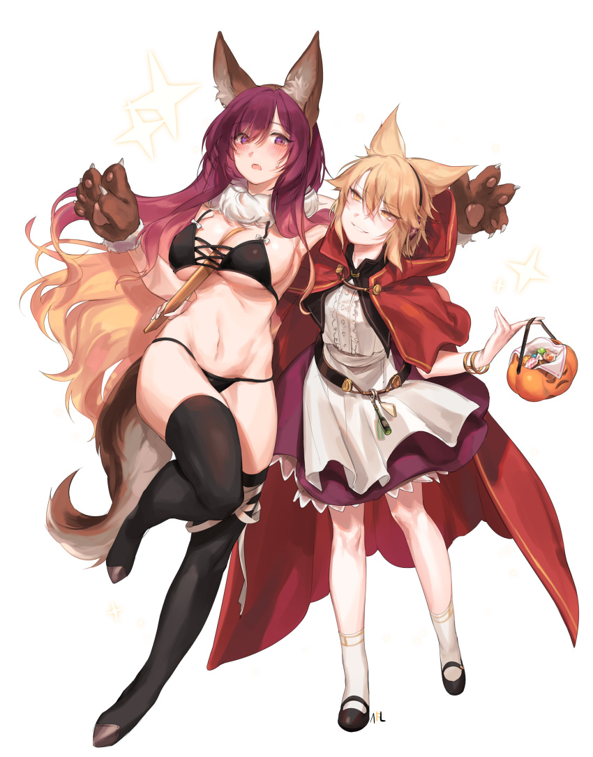 2girls absurdres alternate_costume animal_ear_fluff animal_ears armpits bandage bangs basket belt between_breasts bikini black_belt black_bikini black_footwear black_legwear blonde_hair blouse blush bracelet breasts brown_gloves candy capelet center_opening collar commentary_request cross-laced_clothes eyebrows_visible_through_hair fake_animal_ears fake_tail fangs food fur_collar fur_trim gloves gradient_hair grin groin hair_between_eyes halloween hands_up head_tilt highres hijiri_byakuren holding holding_basket hood hooded_capelet jewelry large_breasts long_hair looking_at_another looking_at_viewer mary_janes multicolored_hair multiple_girls navel no_shoes open_mouth paw_gloves paws petticoat pointy_hair purple_hair purple_skirt red_capelet ritual_baton shan shoes short_hair simple_background skirt smile socks standing standing_on_one_leg stomach sweat swimsuit tail thigh-highs thighs touhou toyosatomimi_no_miko very_long_hair violet_eyes white_background white_blouse white_collar white_legwear wolf_ears wolf_tail yellow_eyes