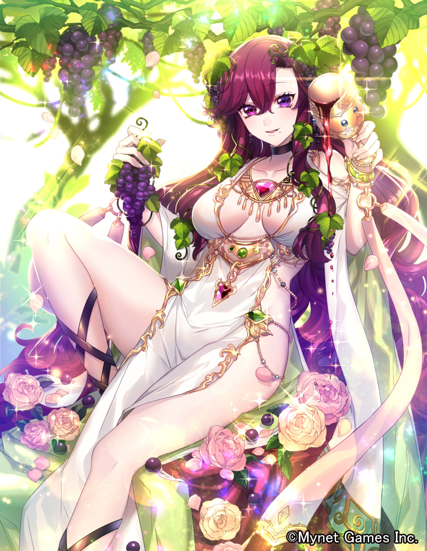 1girl bangle bead_bracelet beads black_choker bracelet breasts choker company_name cup dress flower food fruit gem glint goblet grapes gyakushuu_no_fantasica hair_between_eyes hair_fruit hair_leaf hand_up highres holding holding_cup holding_fruit jewelry katagiri_hachigou knee_up long_hair looking_at_viewer medium_breasts official_art petals pouring purple_hair sitting smile solo sparkle very_long_hair violet_eyes white_dress