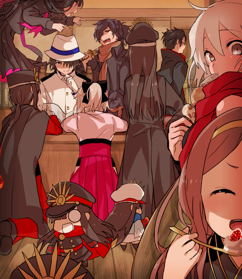 4boys 5girls ahoge animal animalization black_bow black_hair black_hat black_scarf blush bow brown_hair cape chacha_(fate/grand_order) chibi clone dark_skin dog eating family_crest fate/grand_order fate_(series) gloves hair_between_eyes hair_over_one_eye hakama hat highres hiiragi_fuyuki hijikata_toshizou_(fate/grand_order) holding japanese_clothes katana keikenchi_(style) kimono koha-ace long_hair long_sleeves meiji_schoolgirl_uniform military_hat multiple_boys multiple_girls oda_nobukatsu_(fate/grand_order) oda_nobunaga_(fate) oda_uri okada_izou_(dog) okada_izou_(fate) okita_souji_(alter)_(fate) okita_souji_(fate) okita_souji_(fate)_(all) open_mouth oryou_(fate) peaked_cap pink_hakama pomeranian_(dog) ponytail red_scarf sakamoto_ryouma_(fate) scarf short_hair smile sword very_long_hair violet_eyes weapon white_eyes white_gloves white_hair