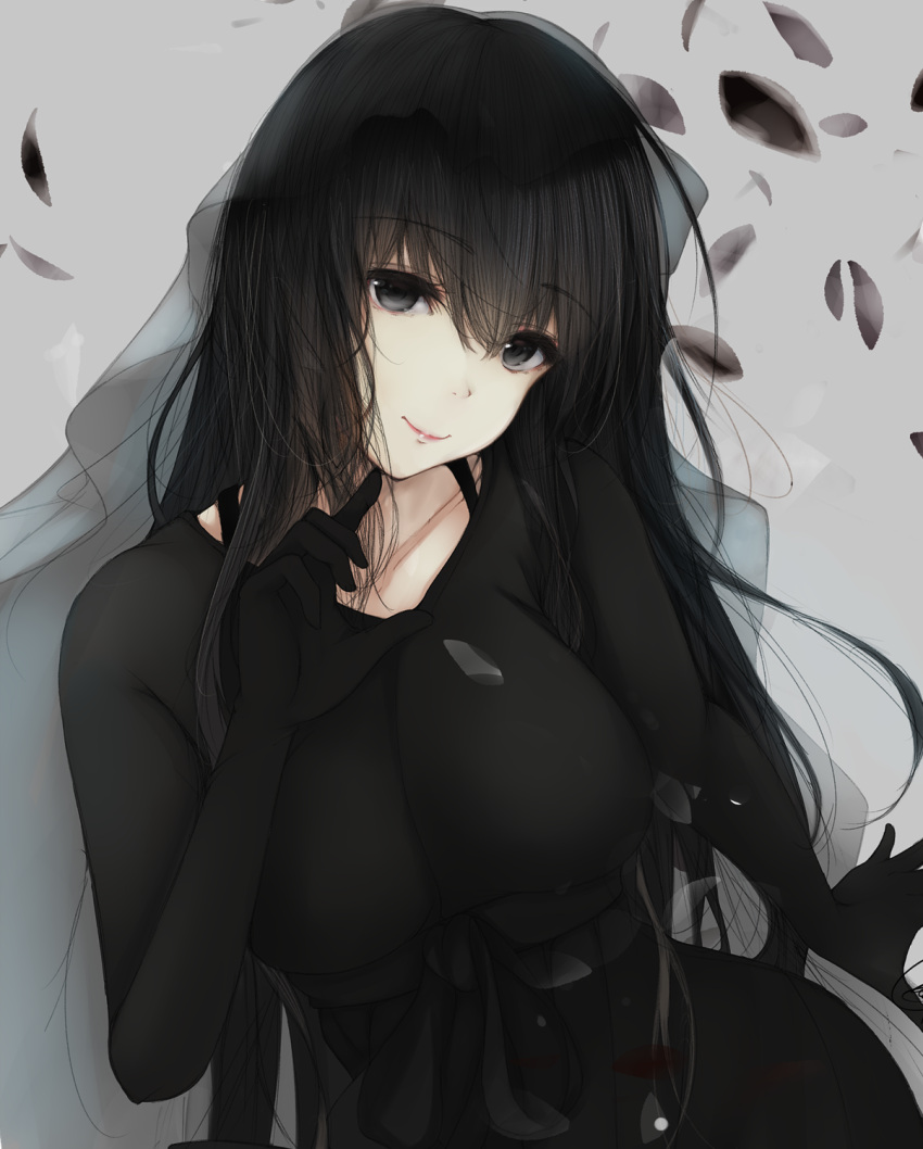 1girl bangs black_eyes black_hair blush bodysuit breasts closed_mouth dutch_angle eyebrows_visible_through_hair grey_background hair_between_eyes head_tilt highres large_breasts long_hair looking_at_viewer original petals simple_background sitting smile solo suzume_(simple0091) upper_body