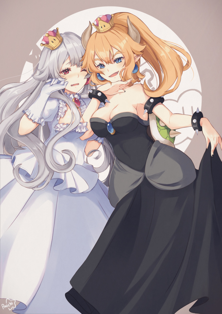 2girls artist_name bare_shoulders between_breasts black_dress black_nails blonde_hair blue_brooch bowsette bracelet breasts brooch cleavage collar crown dress gloves highres horns jewelry long_hair looking_at_viewer luigi's_mansion medium_breasts mini_crown multiple_girls nail_polish new_super_mario_bros._u_deluxe nintendo one_eye_closed peachy_michi ponytail princess_king_boo puffy_short_sleeves puffy_sleeves red_eyes short_hair short_sleeves skirt_hold spiked_armlet spiked_bracelet spiked_collar spikes super_crown super_mario_bros. white_gloves