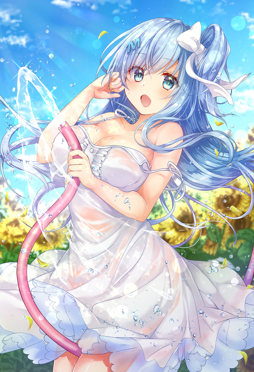 1girl bare_arms bare_shoulders between_legs blue_eyes blue_hair blue_sky blurry blurry_background blush bow breasts cleavage collarbone cowboy_shot day depth_of_field dress emori_miku emori_miku_project flower gomano_rio hair_bow hair_ornament hairclip highres holding holding_hose hose large_breasts lens_flare long_hair looking_at_viewer nail_polish one_side_up open_mouth orange_nails petals see-through sky solo standing strap_slip sundress sunflower water wet wet_clothes wet_dress white_bow white_dress