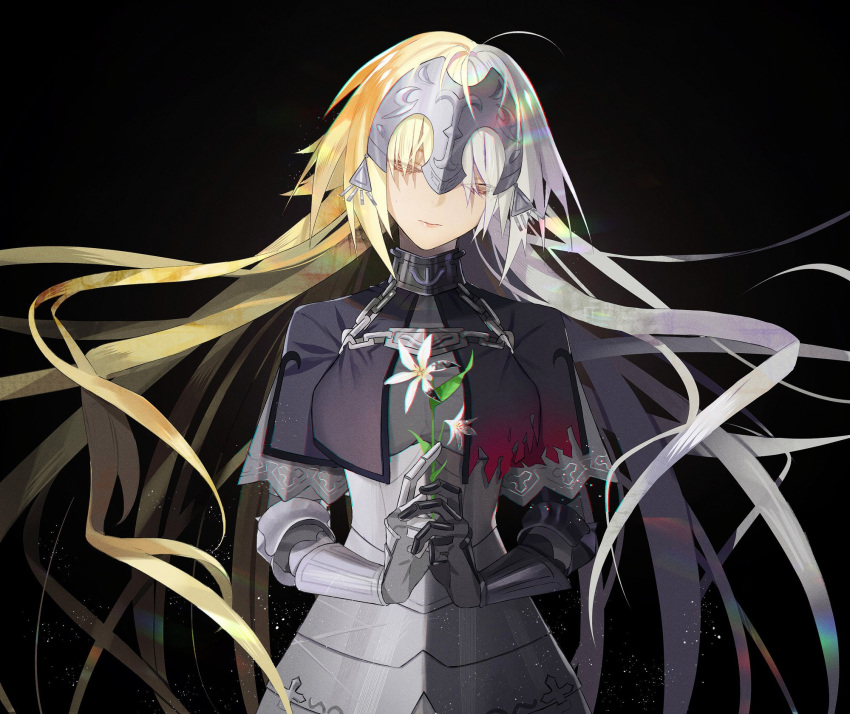 1girl ahoge armor black_background blonde_hair chains closed_eyes closed_mouth commentary corruption dark_persona english_commentary fate/grand_order fate_(series) flower gauntlets grey_hair headpiece highres holding holding_flower jeanne_d'arc_(alter)_(fate) jeanne_d'arc_(fate) jeanne_d'arc_(fate)_(all) long_hair paranoia_www simple_background