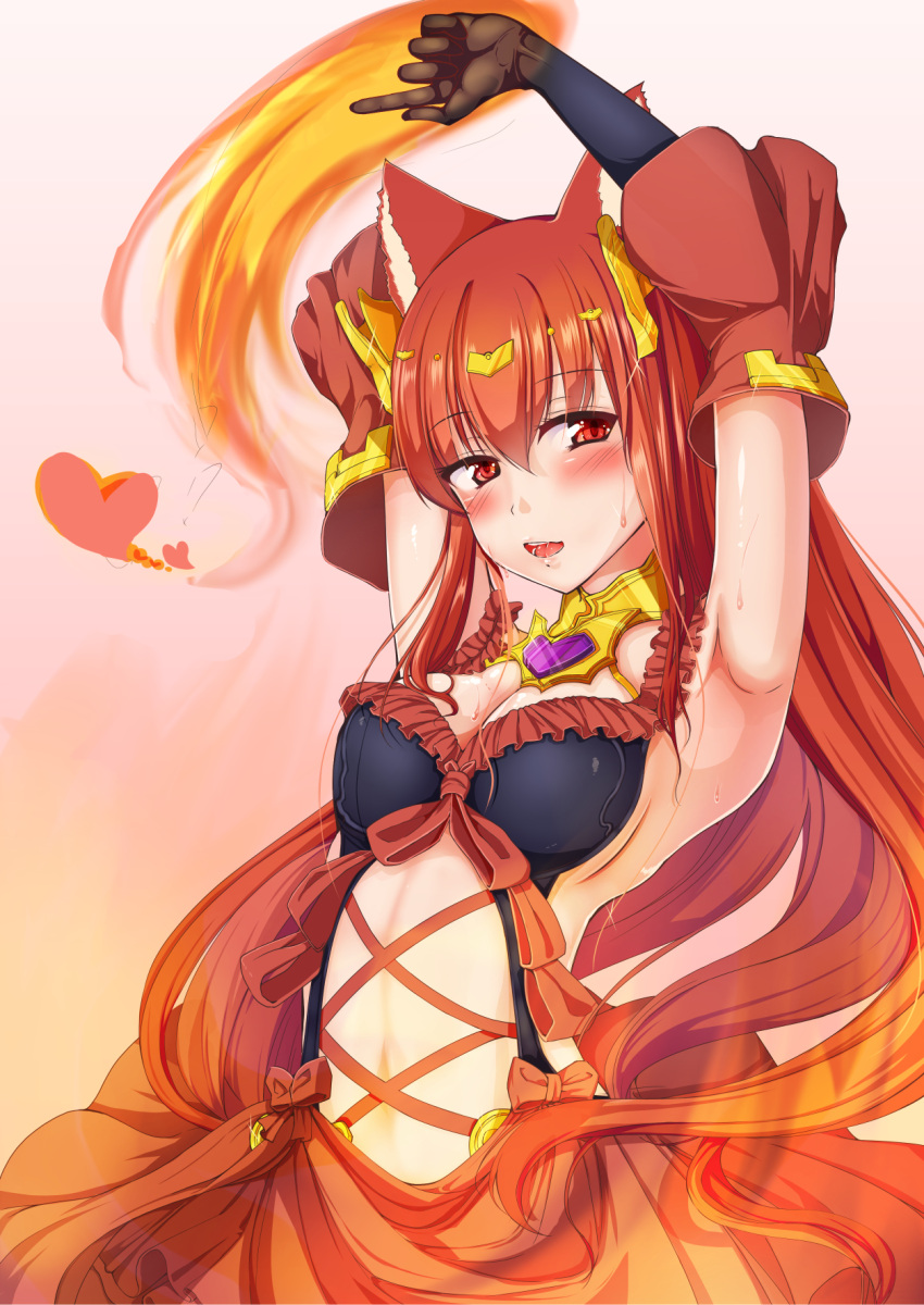 1girl akizuki_tooya animal_ears anthuria armpits arms_up black_gloves blush commentary_request detached_sleeves elbow_gloves erune fire gloves granblue_fantasy heart highres long_hair looking_at_viewer navel navel_cutout open_mouth red_eyes redhead single_elbow_glove solo sweat upper_body very_long_hair