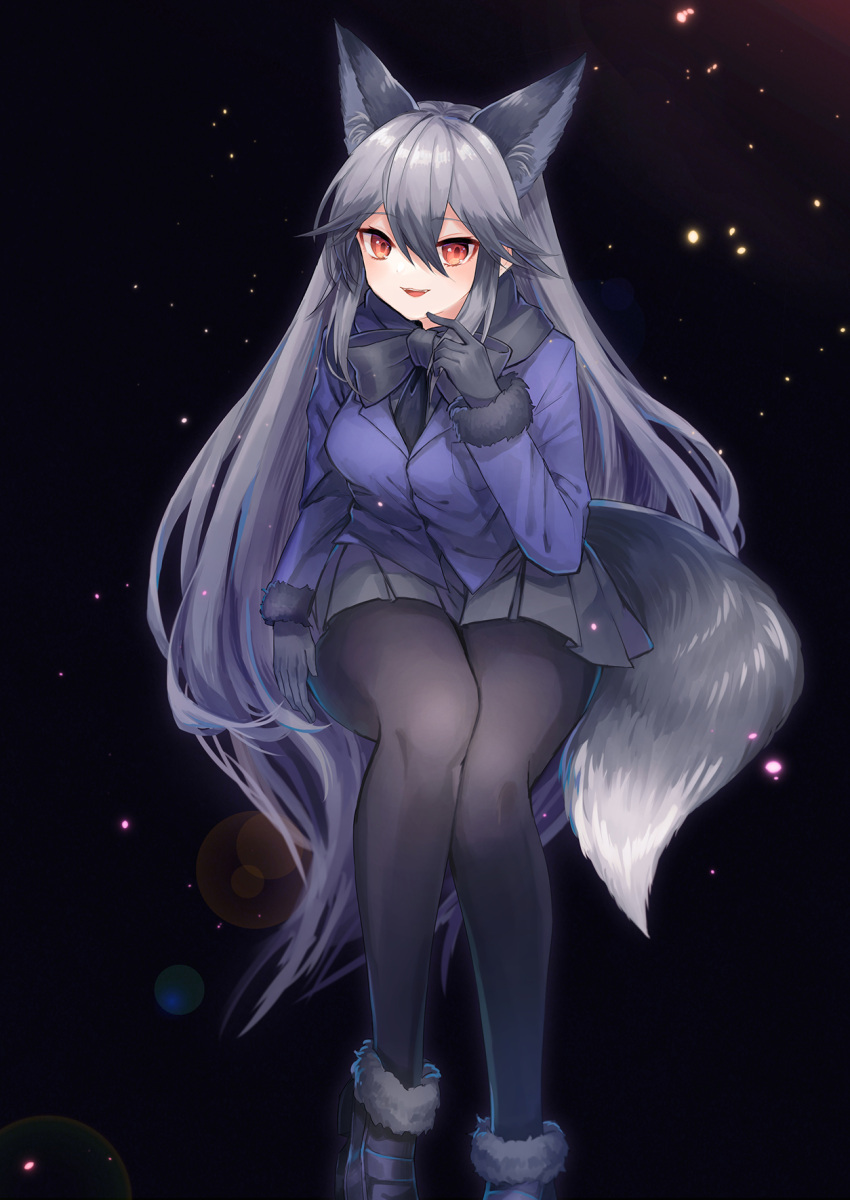 .com_(cu_105) 1girl :d animal_ears black_background black_footwear black_gloves black_legwear black_neckwear blue_jacket bow bowtie commentary extra_ears eyebrows_visible_through_hair finger_to_face fox_ears fox_tail full_body fur-trimmed_sleeves fur_trim gloves grey_hair grey_skirt hair_between_eyes highres jacket kemono_friends lens_flare long_hair long_sleeves looking_at_viewer necktie open_mouth pantyhose pleated_skirt red_eyes shoes silver_fox_(kemono_friends) simple_background skirt smile solo tail very_long_hair