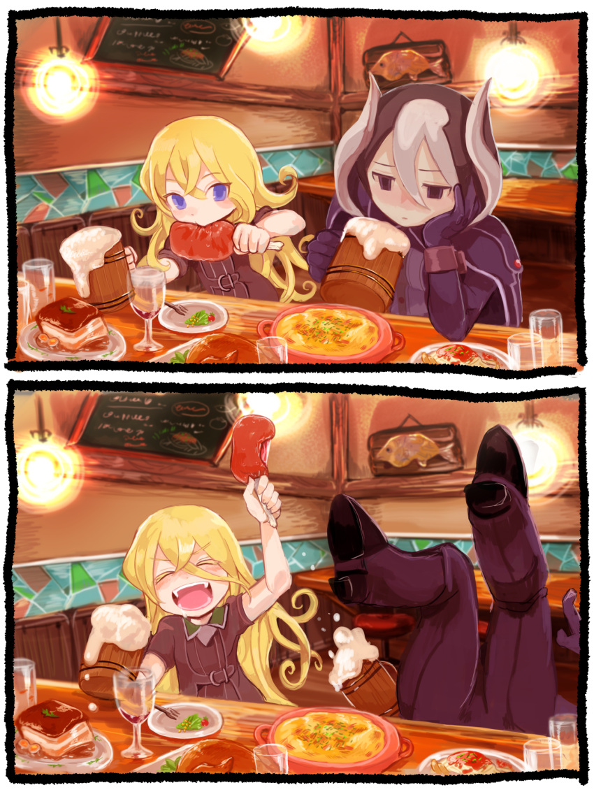 2girls 2koma :d alcohol arm_up bar beer beer_mug black_eyes black_hair blonde_hair blush buchi0122 chalkboard closed_eyes closed_mouth comic commentary_request cup drinking_glass drunk eating eyebrows_visible_through_hair falling food fork glass hair_between_eyes highres holding indoors long_hair looking_at_viewer lyza made_in_abyss meat multicolored_hair multiple_girls nose_blush open_mouth ozen plate sign smile two-tone_hair v-shaped_eyebrows very_long_hair violet_eyes white_hair wine_glass