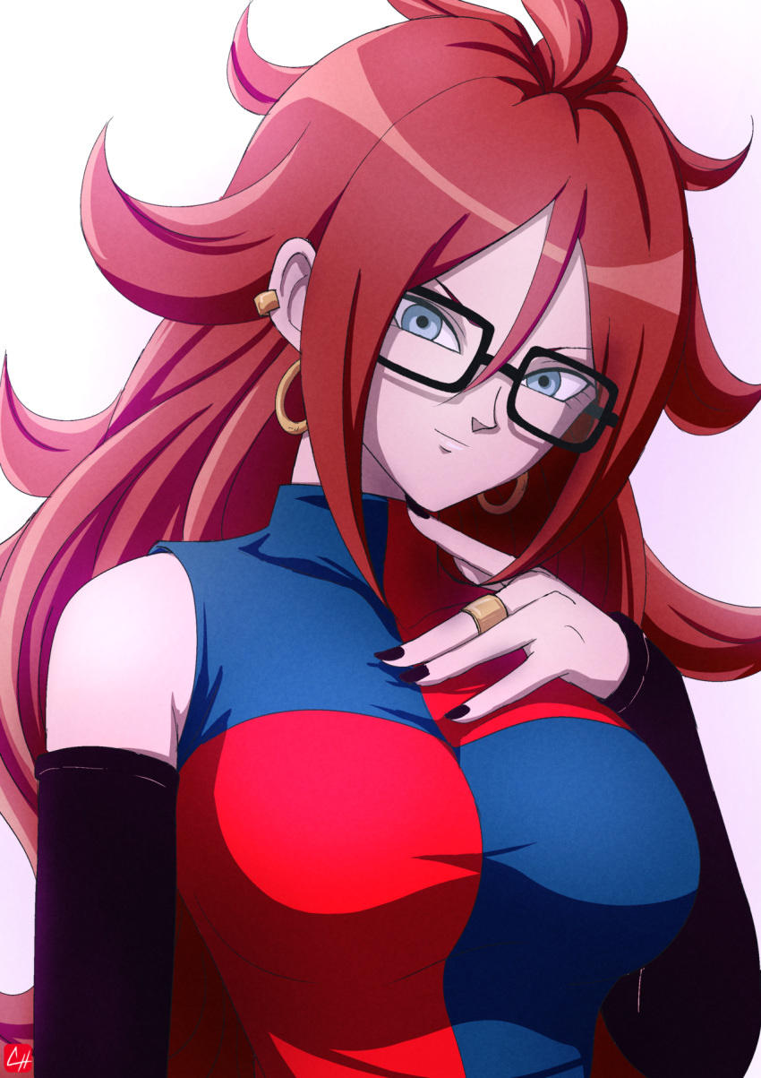 1girl android_21 black-framed_eyewear black_nails black_sleeves blue_eyes breasts brown_hair checkered checkered_dress chris_re5 curly_hair detached_sleeves dragon_ball dragon_ball_fighterz dress earrings glasses highres hoop_earrings jewelry large_breasts long_hair looking_at_viewer nail_polish rectangular_eyewear sleeveless sleeveless_dress solo upper_body