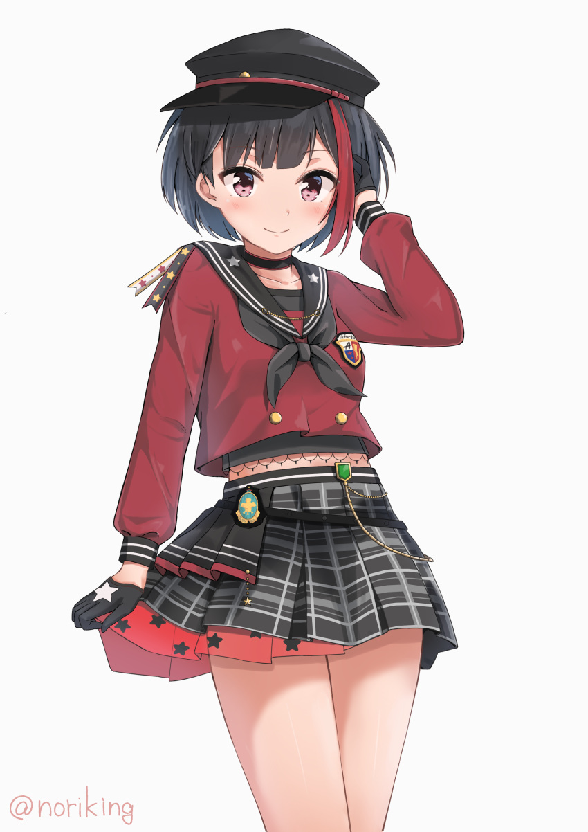 1girl absurdres bang_dream! bangs black_choker black_gloves black_hair black_hat black_neckwear black_sailor_collar black_skirt choker commentary_request gloves grey_background half_gloves hand_in_hair hand_up hat highres honorikiti long_sleeves looking_at_viewer miniskirt mitake_ran multicolored_hair neckerchief patch plaid plaid_skirt pleated_skirt red_eyes red_shirt redhead ribbon sailor_collar school_uniform serafuku shirt short_hair simple_background skirt smile solo star star_print strap streaked_hair twitter_username