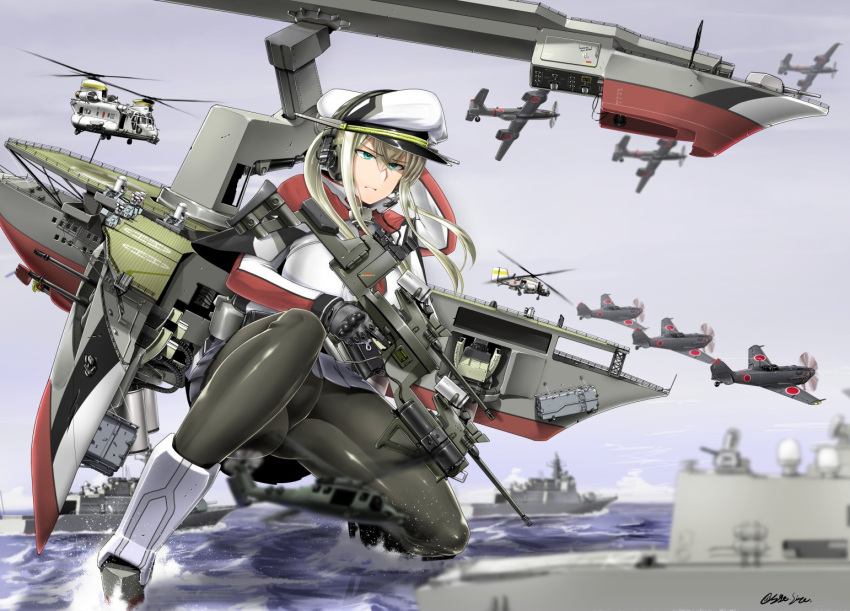 1girl aircraft aircraft_request black_gloves black_legwear blonde_hair capelet commentary_request firearm_request full_body gloves graf_zeppelin_(kantai_collection) grey_eyes gun hair_between_eyes hat headphones helicopter jacket kantai_collection looking_at_viewer machinery military military_hat military_uniform miniskirt necktie pantyhose peaked_cap rifle saizu_nitou_gunsou ship sidelocks skirt solo twintails uniform water watercraft weapon white_hat