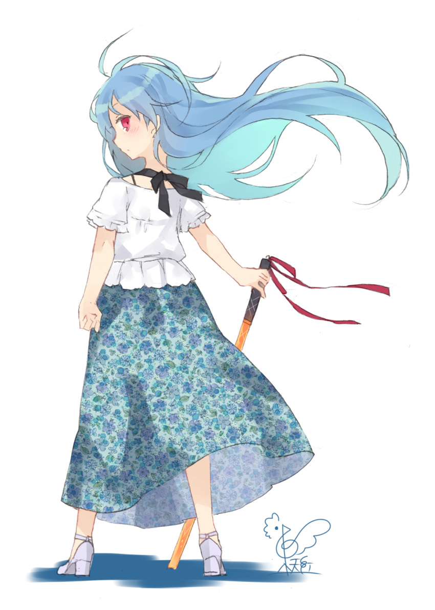 1girl alternate_costume black_ribbon blue_hair blue_skirt blush bra_strap casual commentary_request contemporary floating_hair floral_print frilled_sleeves frills from_behind full_body high_heels highres hinanawi_tenshi holding holding_sword holding_weapon leaf_print long_hair long_skirt looking_at_viewer looking_back no_hat no_headwear profile red_eyes ribbon shadow shirt short_sleeves signature simple_background skirt solo standing sword sword_of_hisou touhou toutenkou weapon white_background white_footwear white_shirt wind